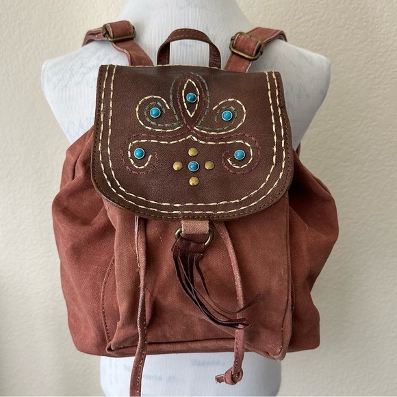 Mona B Dreamweaver Backpack Upcycled Canvas Rucksack Turquoise Jeweled New - Picture 2 of 12